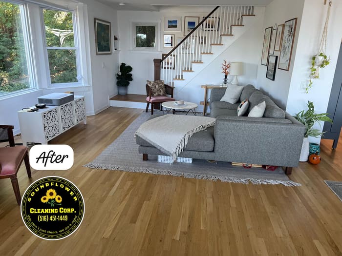 After — Living room reset — floors, surfaces and staircase