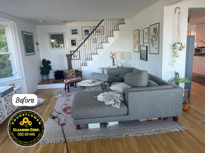 Before — Living room reset — floors, surfaces and staircase