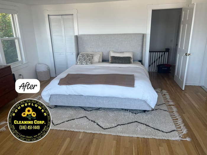 After — Bedroom turnover — floors, rug and linens
