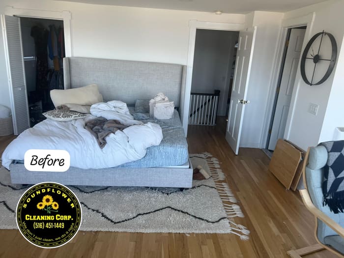 Before — Bedroom turnover — floors, rug and linens