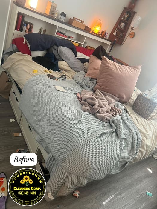 Before — Bedroom detail — bedding and surrounding surfaces