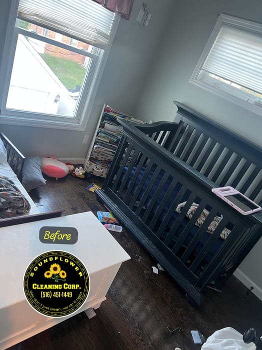 Before — Nursery — crib area and hardwood floors