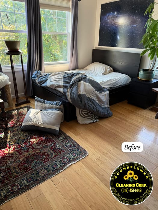 Before — Bedroom turnover — floors, rug and window wall