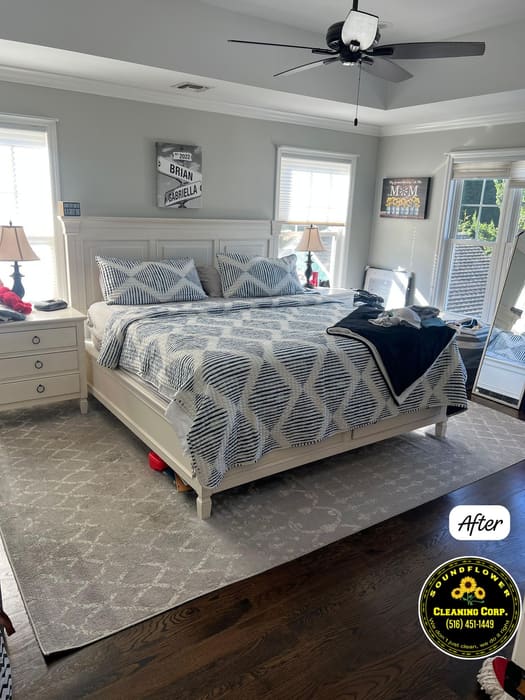 After — Master bedroom — bedding, floors and wardrobe